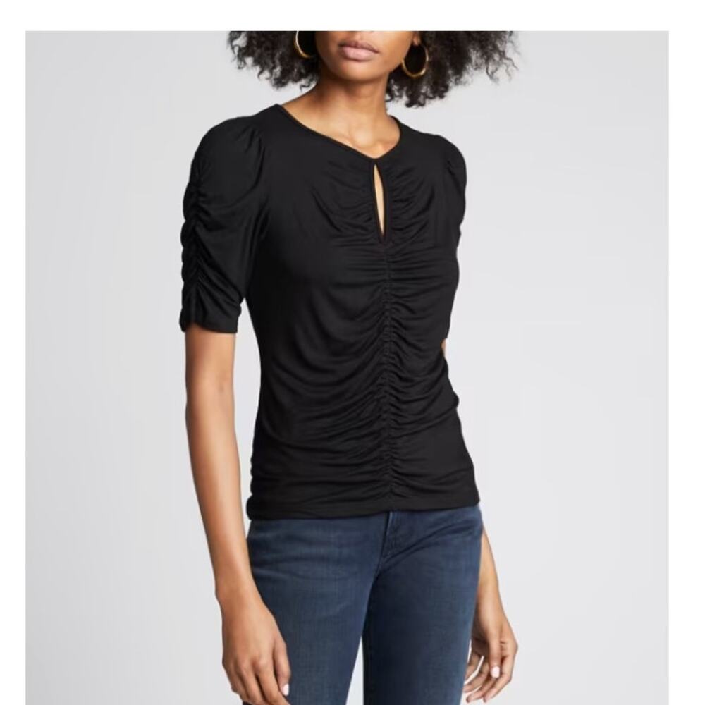 Frame Shirred Keyhole Knit Top in Noir Black Medium